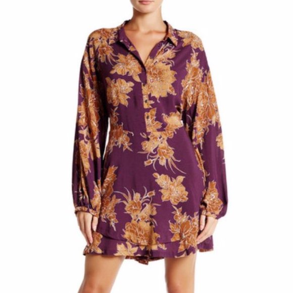 Free People Shake It Floral Mini Shirt Dress in Berry Combo XS - Picture 2 of 6